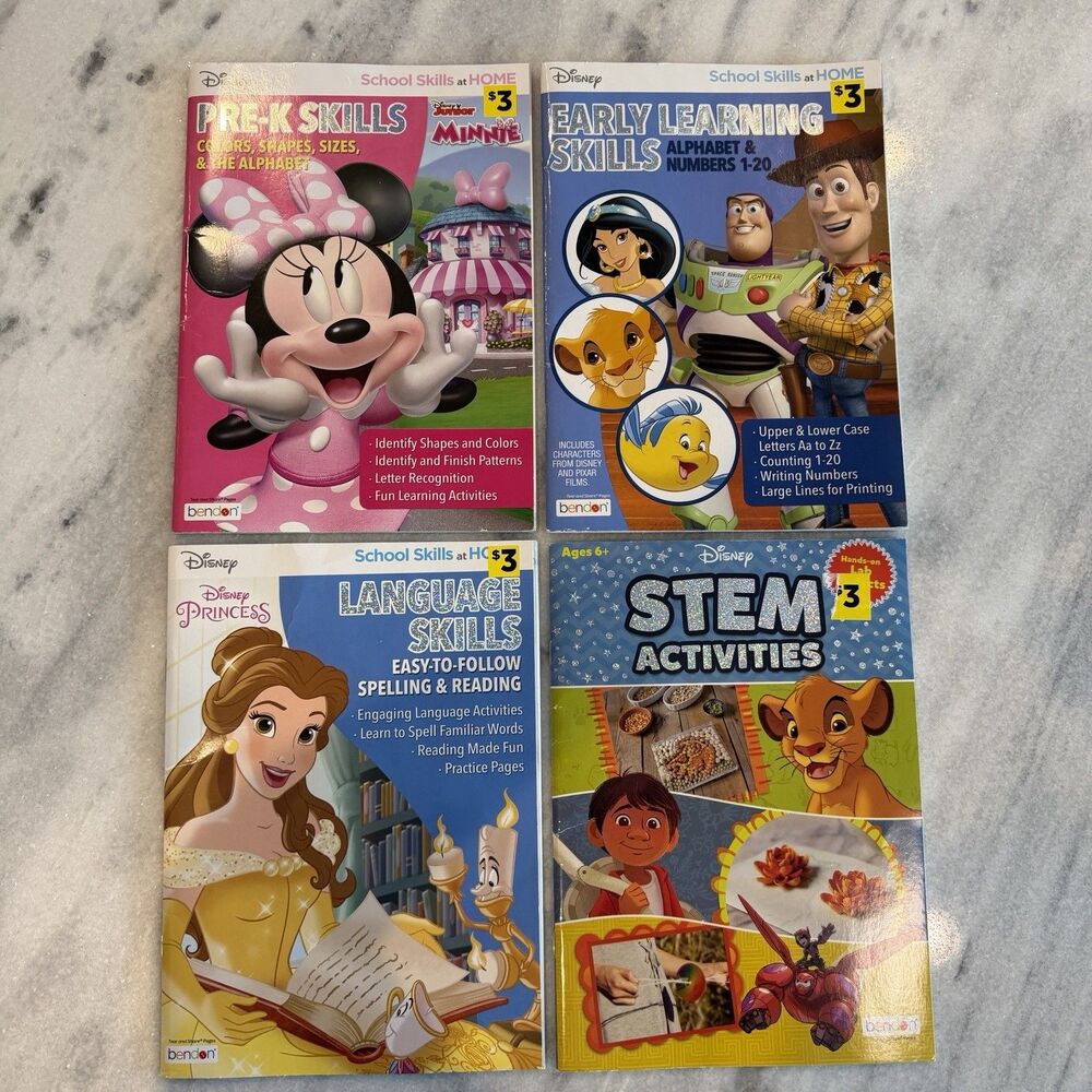 Lot Of 4 Disney School Skills At Home Workbooks Pre-K Alphabet Spelling STEM